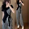 Fashionable Age-reducing Beauty Suit for Women, Summer Style, Casual, Slimming, Sports Striped Wide-leg Pants Two-piece Set