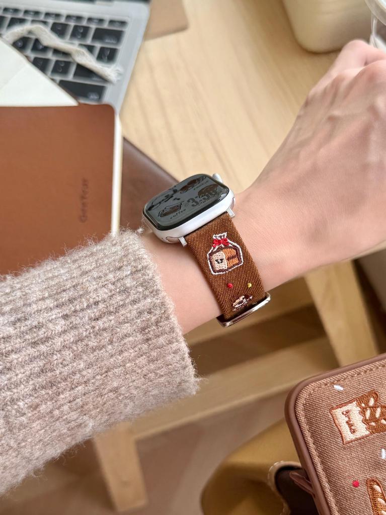 Cartoon Embroidered Denim Leather Watch Strap for Apple Watch Series 11/10/98 Ultra SE