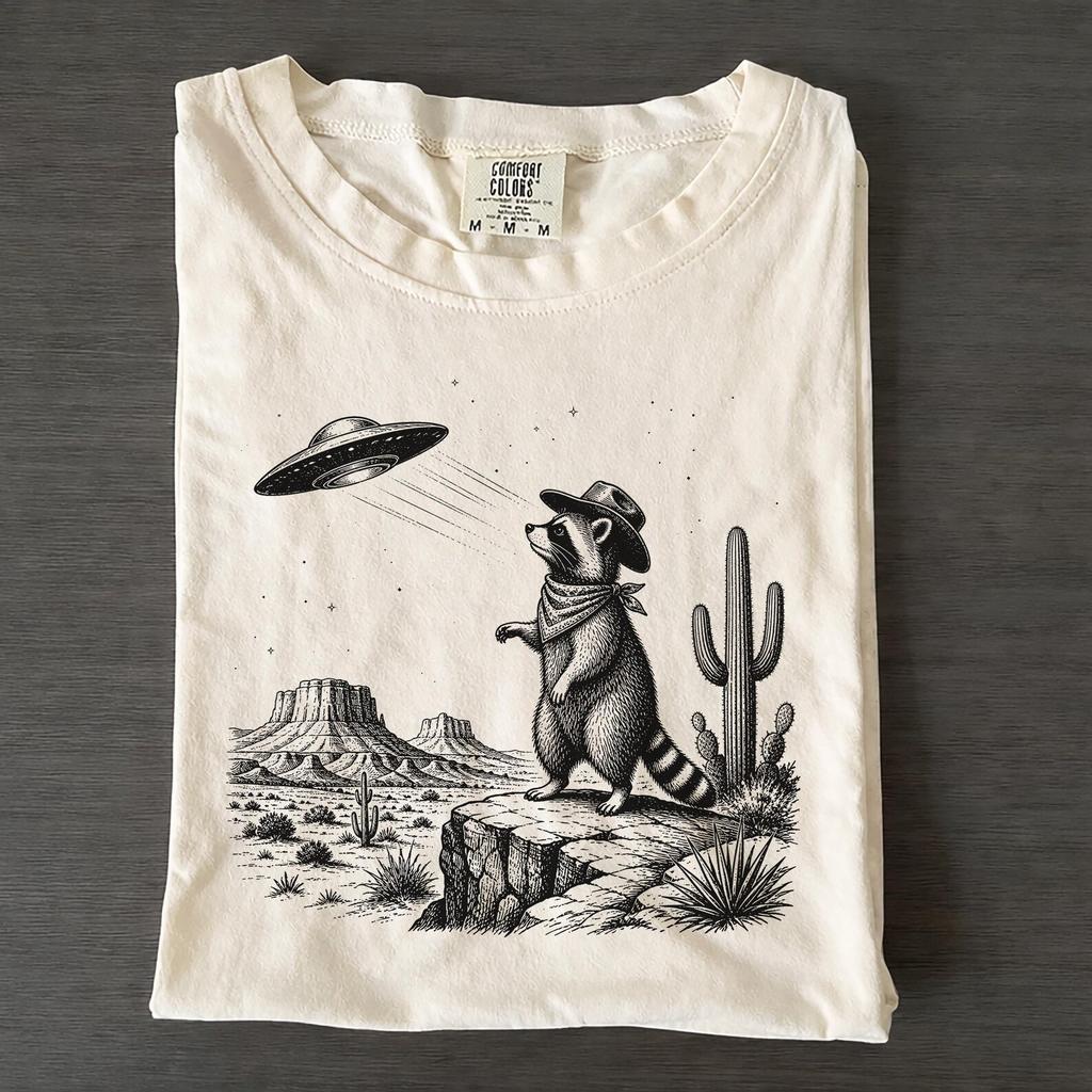 Alien Raccoon Abduction T-Shirt, Y2K Sci Fi Western Graphic Top, Streetwear T-Shirt
