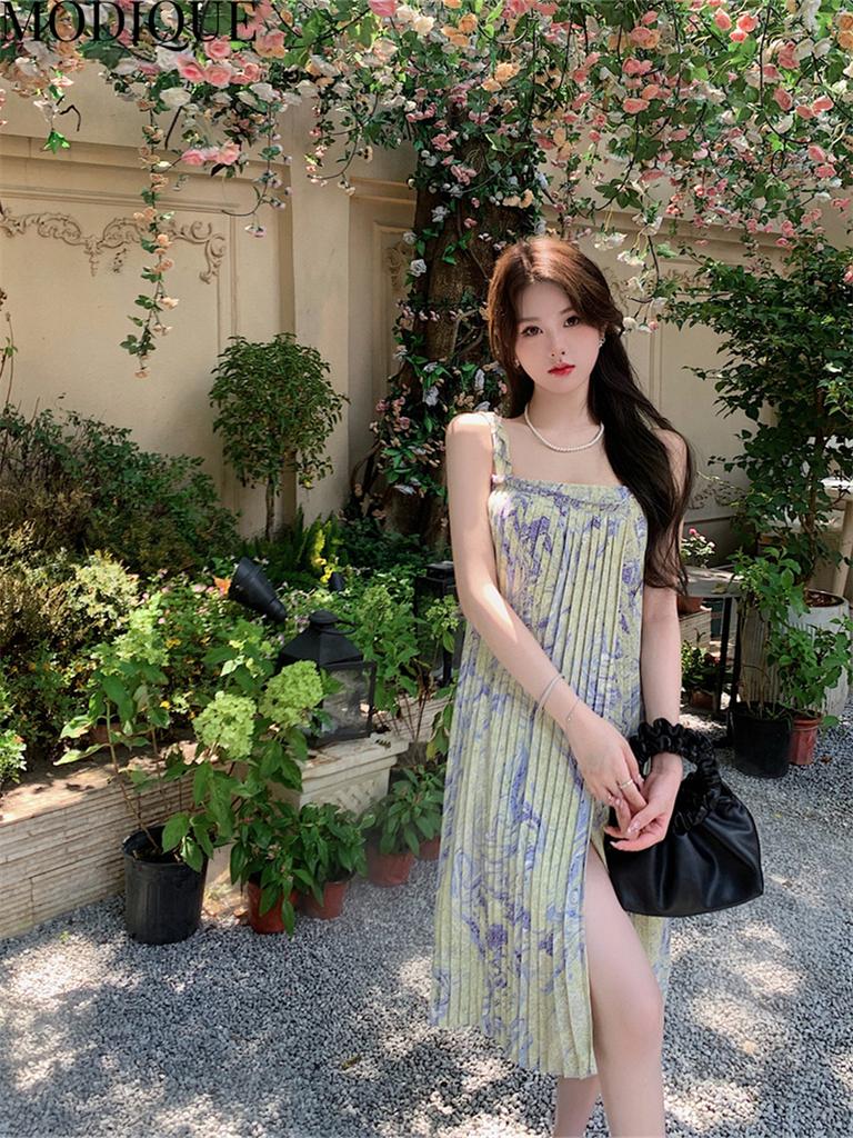 MODIQUE Summer Women Elegant Floral Print Casual Beach Sleeveless Chiffon Girly Halter Short Dresses Holiday Lady Fairycore Sweet Dresses