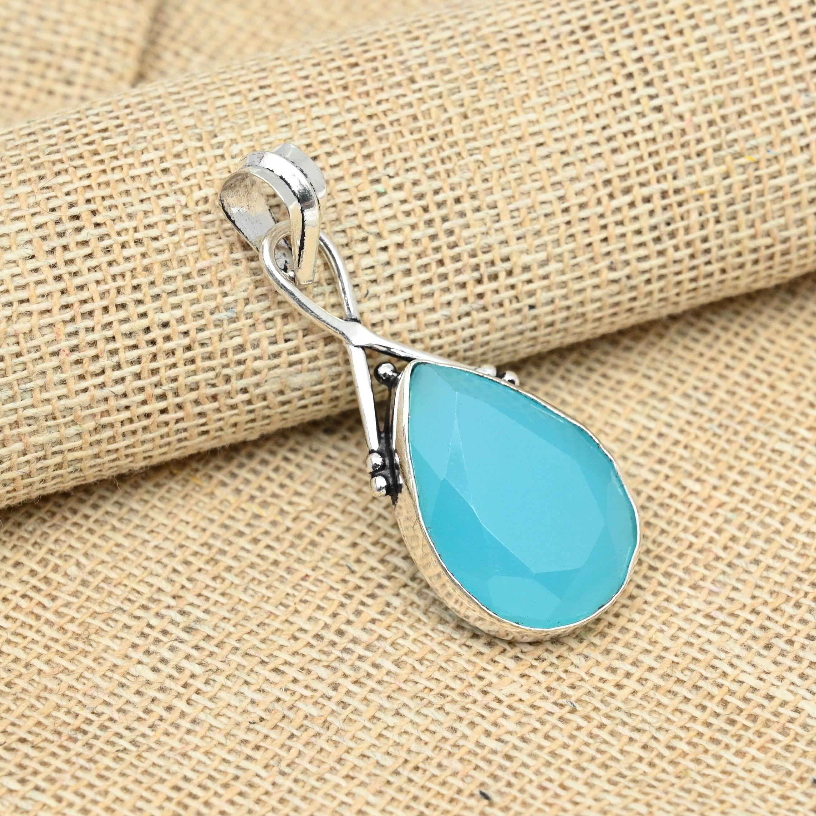 

Ювелирные изделия ручной работы из стерлингового серебра 925 пробы с синим халцедоном, очаровательный кулон 1.96 inches синий