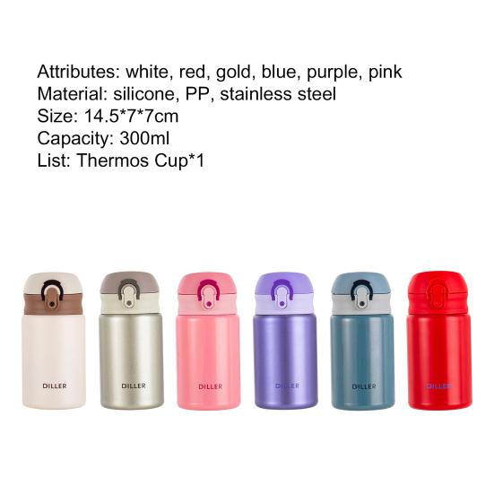 Thermos Sottovuoto 300ML Tappo a Flip Conservazione del Calore Design Compatto Mini Isolato Acciaio Inossidabile