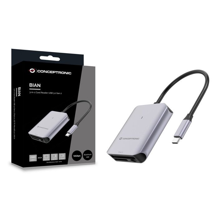 Conceptronic BIAN09G Card Reader USB 3.2 Gen 2 Type-C Grey Aluminium Multi-Card