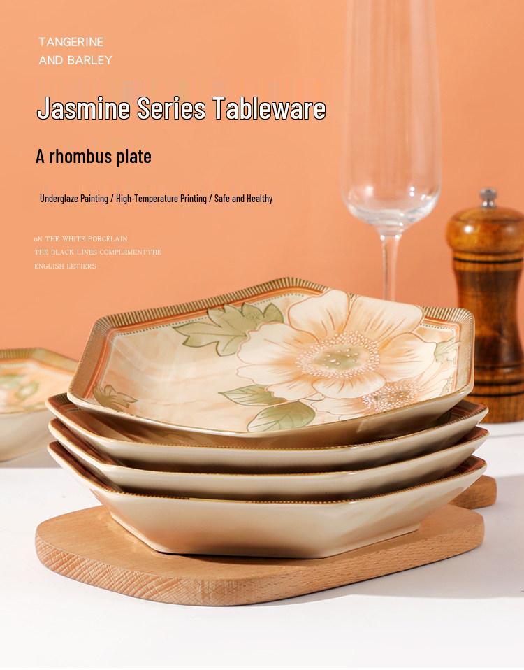 European Jasmine Rhombus Ceramic Dinnerware Set - Includes Small Plates, Fruit Plates, and Dinner Plates.