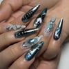 24PCS Sweet Cool Blue Stiletto Press On Nail Metallic Silver Star Pattern French Fake Nails Spice Girls Wearable False Nails Set