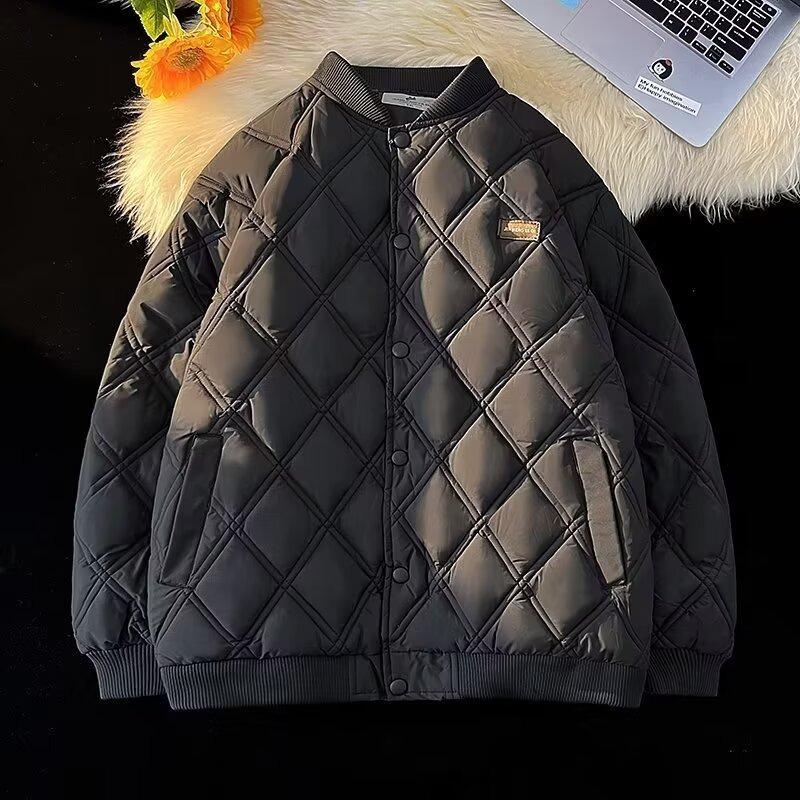 Winter Diamond Pattern Cotton Baseball Jacket: American Retro, Japanese Trend, Loose Fit, Thickened Cold Protection for Couples