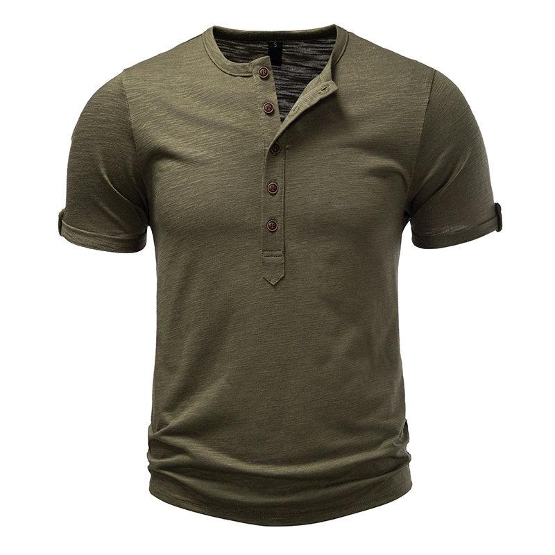 Men's Summer Hip Hop Streetwear Solid Color T-Shirts Bamboo-Handled Henry Collar Casual Button Short Sleeve Top Tees