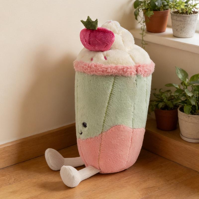 Adorable Pink Latte Matcha Green Milk Tea Cup Pillow Plush Toy with Small Pearl Detail Cute Funny Doll Decoration for Home