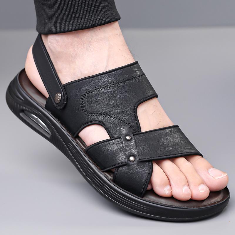 

Модные однотонные кожаные сандалии для мужчин Модная повседневная спортивная пляжная обувь Мужские летние новые дизайнерские шлепанцы 44 чёрный