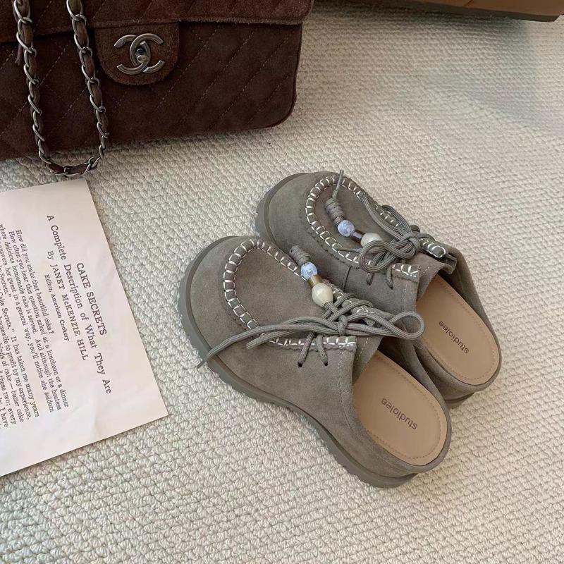 

Autumn new height increase cute big head beaded lace-up suede kangaroo half drag thick 40