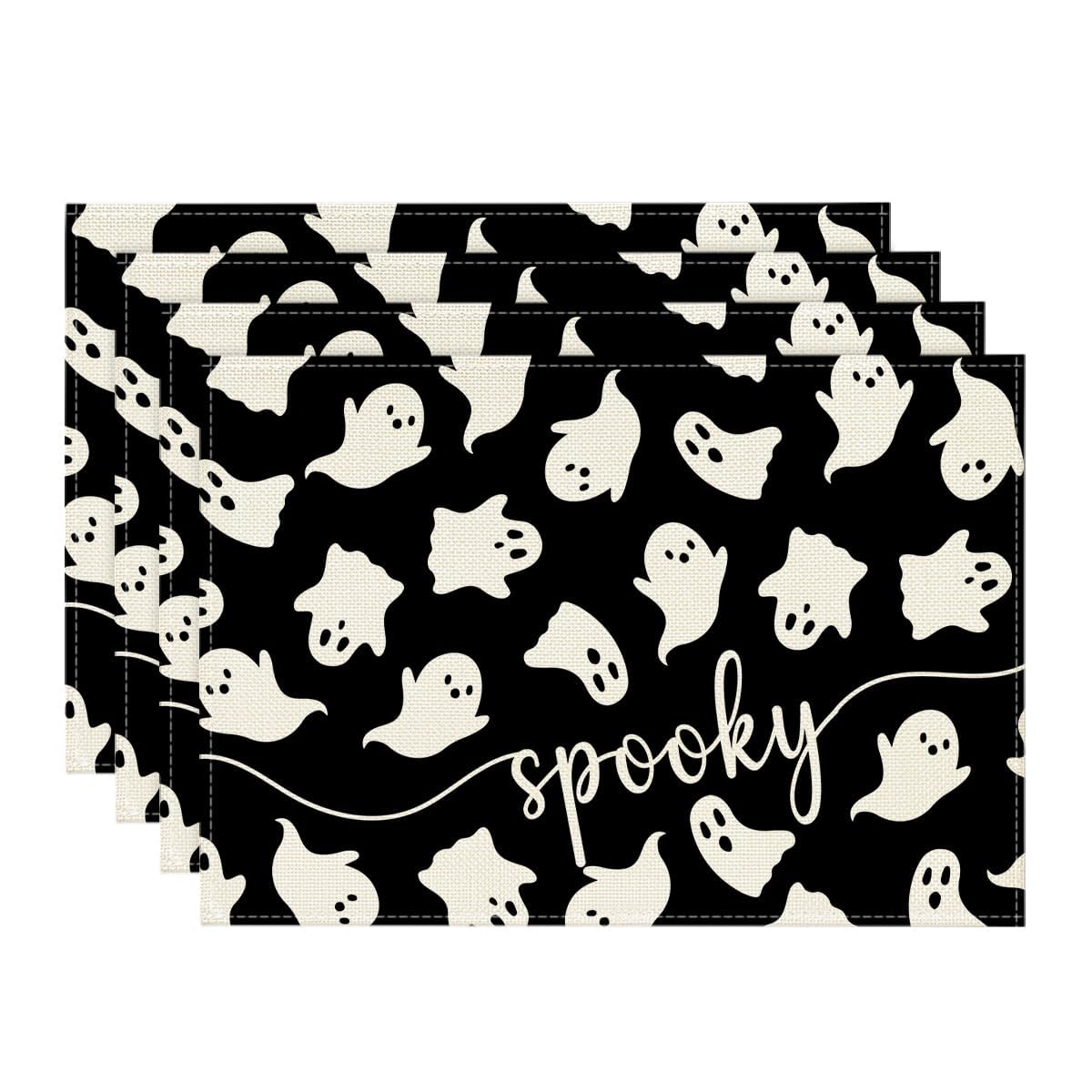

Black Ghost Spooky Halloween Placemats Set of 4, 12x18 Inch Seasonal Table Mats for Party Kitchen Dining Decoration 12 x 18 , Rectangular 4 Pcs