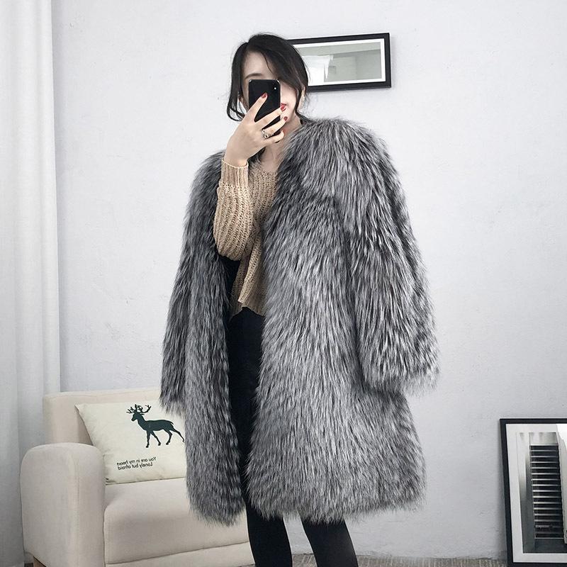 Winter New Faux Fox Fur Grass Coat Women's Mid Length Young Mink Fur Over Knee Fur Coat