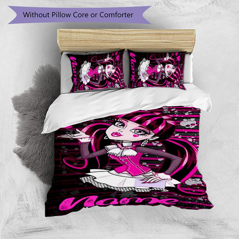 3pcs Custom Name Cartoon Monster High Bedding Set Duvet Cover Closure Includes 1 Duvet Cover & 2 Pillowcases for All Seasons Bedroom Decor
