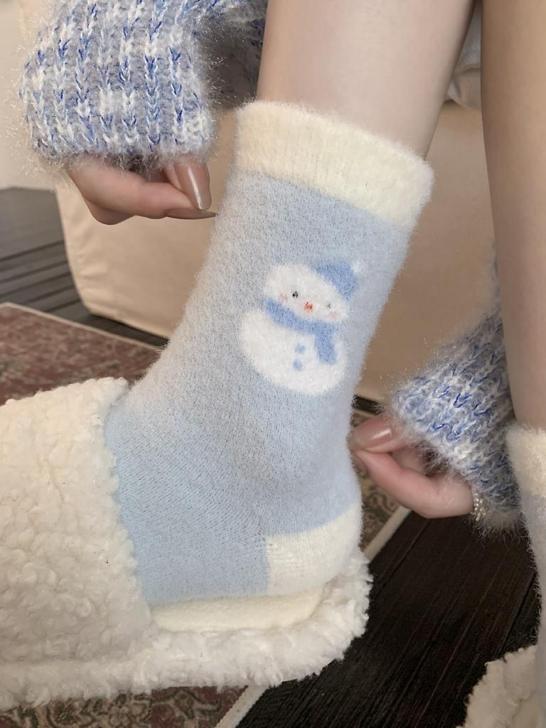 Winter Socks Mink Fleece Piled And Thickened Fluffy Socks, Cartoon Cute Animal Medium Tube Socks