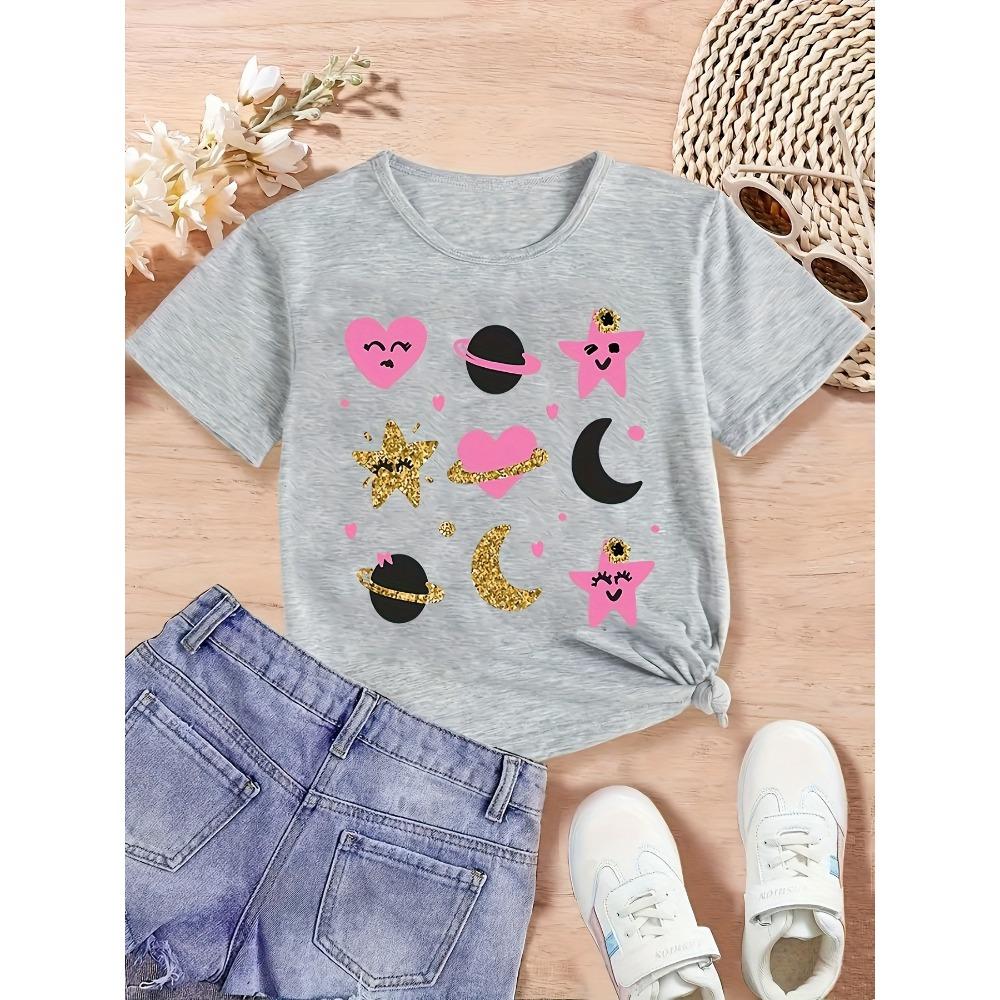 Children's Star, Moon, and Heart Cartoon Pattern T-shirt