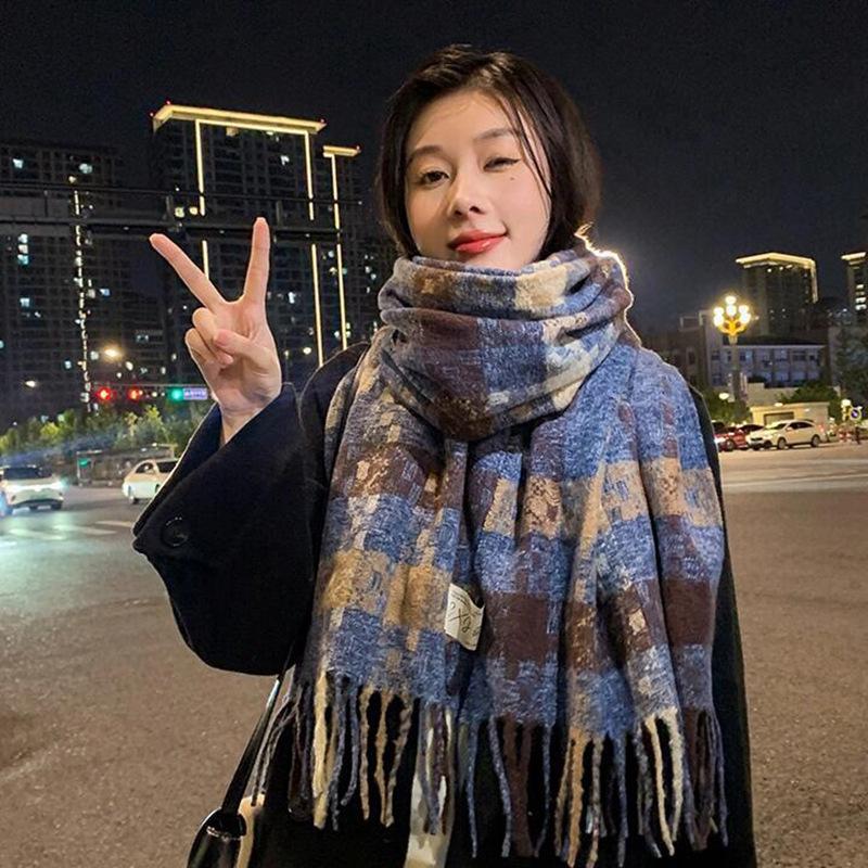 Korean Style Plaid Mohair Scarf - Women's Winter Imitation Cashmere Shawl