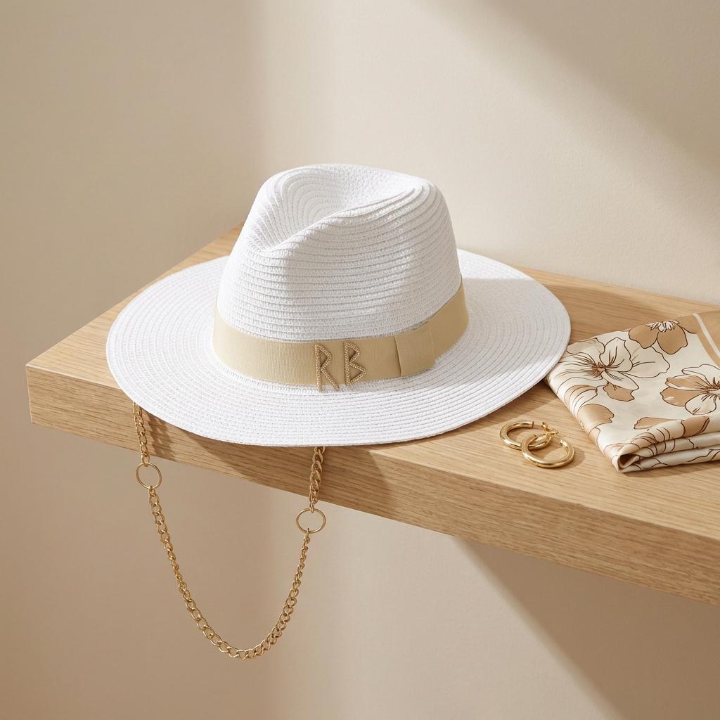 Womens Boho Straw Hat Fedora Wide Brim Beach Cap With Rb Monogram Chain Strap Summer Outdoor Hat Festival Travel Sombrero Paper
