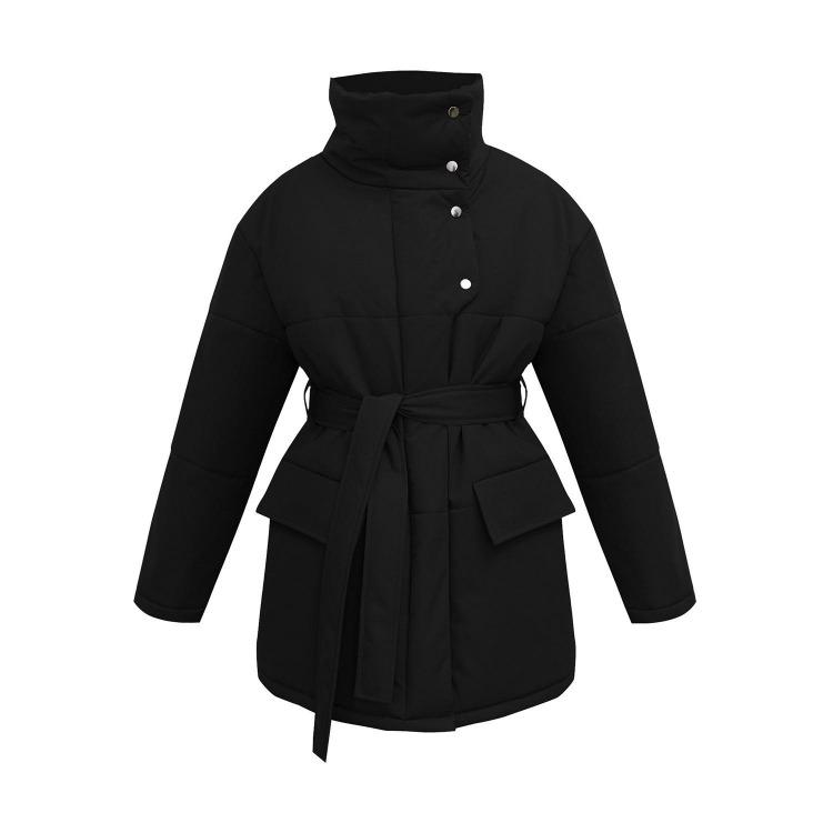 Autumn Winter Women Stand Collar Cotton Coat Medium Long Belted Jacket with Irregular Button Design Temperament