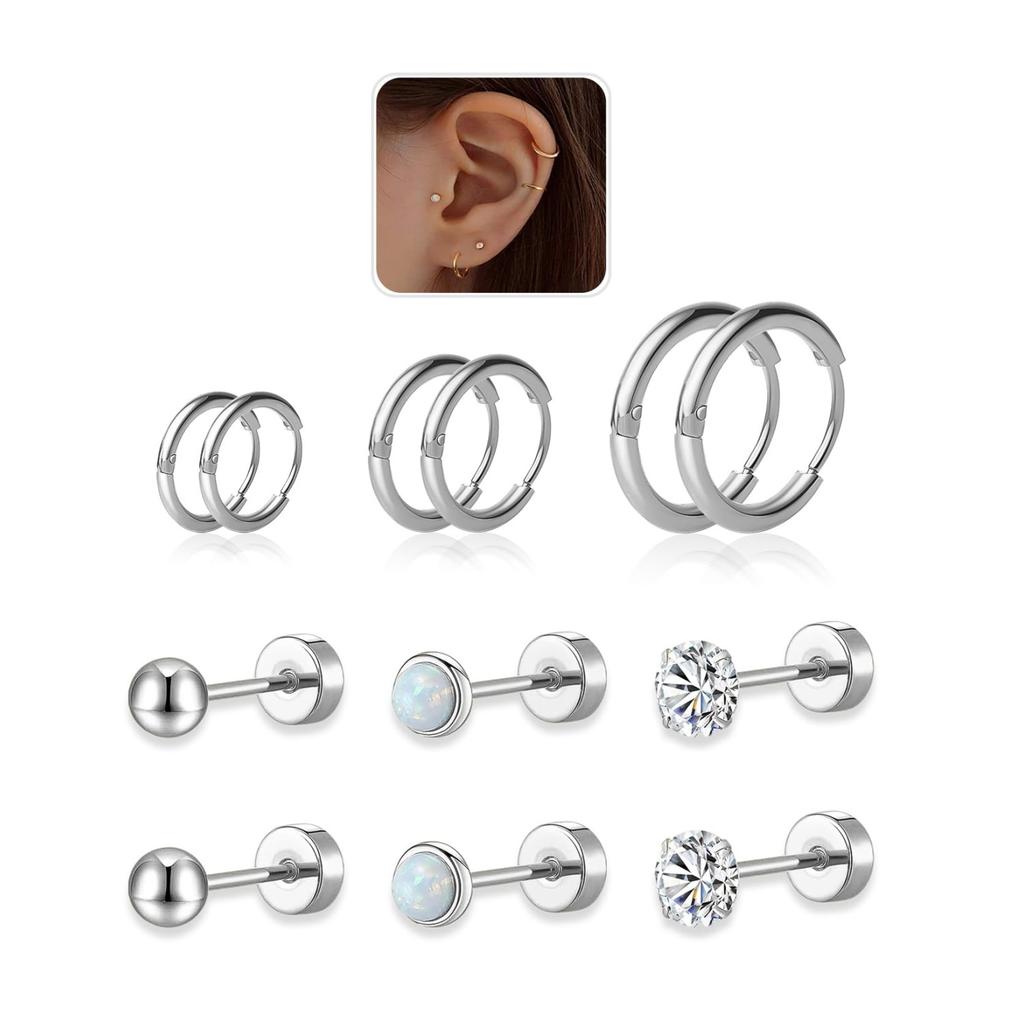 6 Pairs Earrings Sets for Multiple Piercing Small Huggie Hoop Earrings Flat Back Tiny Ball CZ Opal Pearl Stud Earrings for Women