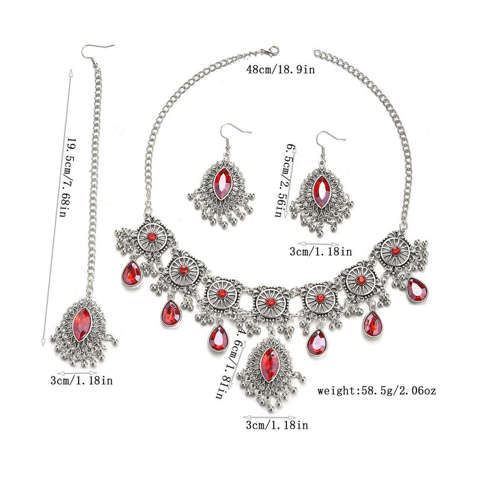 Exotisches Strass-Augen-Quasten-Schmuckset: Halskette, Ohrringe, Stirnanhänger
