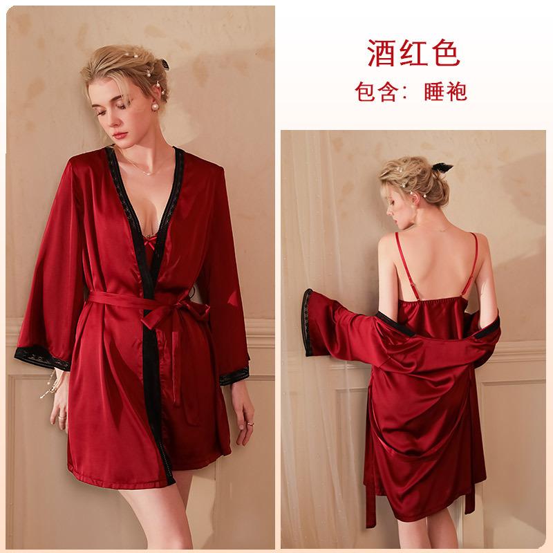 Sexy morning gown pajamas women s ice silk nightgown pure desire bathrobe long sleeve silk lace pajamas loungewear S бордовый