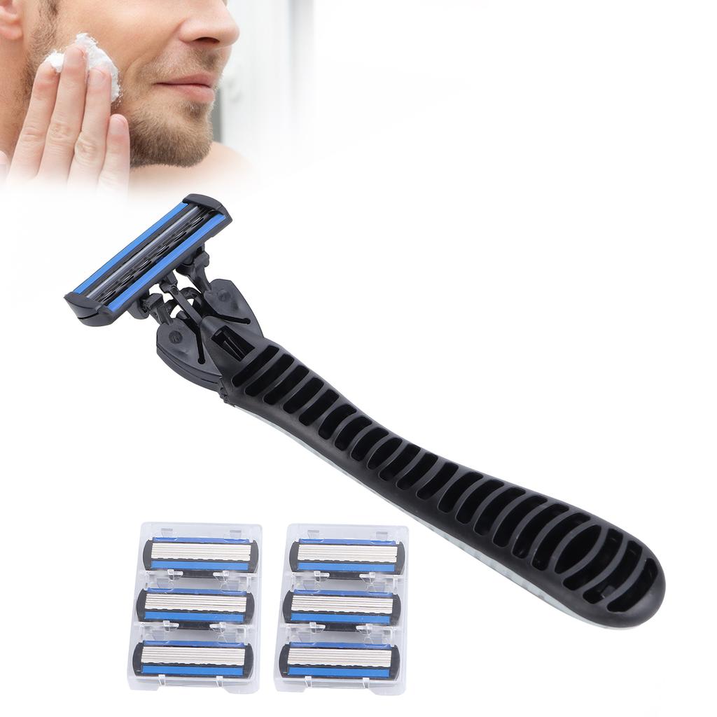 Manual Razor Set 6 Layers Blade Reusable Razor Handle 6 Refills Men's Shaving Razors Silver White