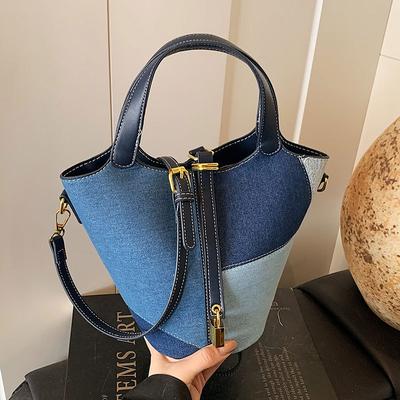 New Literary and Artistic Personality Splicing Denim Portable Bucket Bag Fashionable Versatile Commuter Messenger Bag