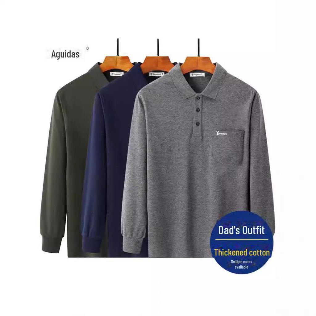 Men's Thick Cotton Long-Sleeve Dad T-Shirt for Spring/Autumn - Loose Fit, Solid Color, Lapel, Real Pocket, Casual Wear for Middle-Aged Men.