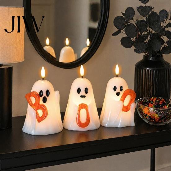 Halloween Tischdekoration Geister-Kerze ohne Flamme, Niedliche Teelicht-Halterung mit BOO-Buchstaben, Plastik-Boo-Schilder, Batteriebetriebenes LED-Flackerlicht