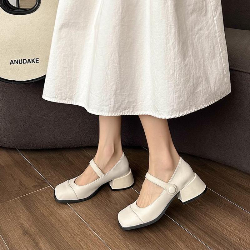 Fashion Women's Fashion Heel Shoes Autumn New Square Head Shallow Mouth Word with Anti-slip Wear-resistant Low-top Shoes