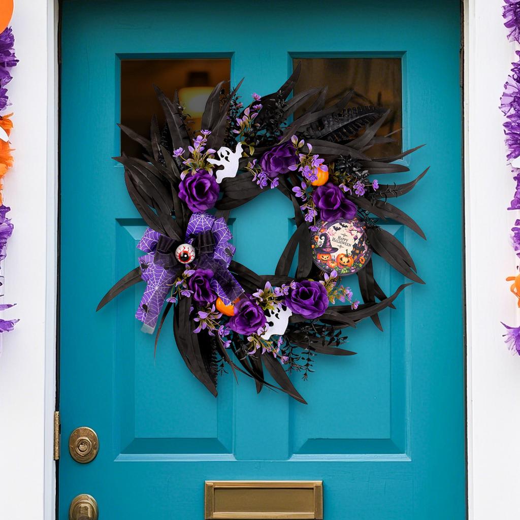 Halloween   Wooden Sign Wreath Window Door Hanging Festival Simulation Horror Doll Mesh Vine Ring Decoration