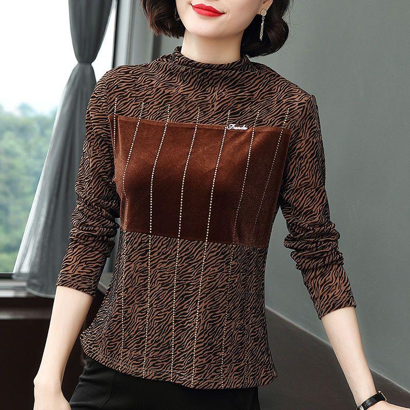 

Autumn and Winter New Splicing Fashion Trend Hot Diamond Slimming Bottoming Shirt Loose Top L коричневий