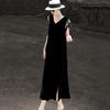 Lancer Hepburn Style Lace V-Neck Silk Velvet Dress