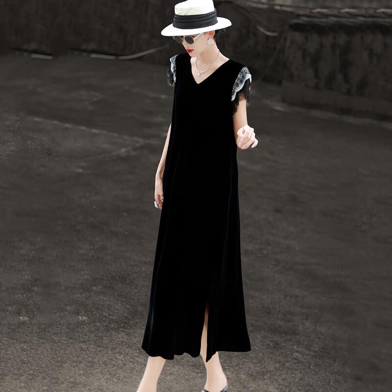 Lancer Hepburn Style Lace V-Neck Silk Velvet Dress