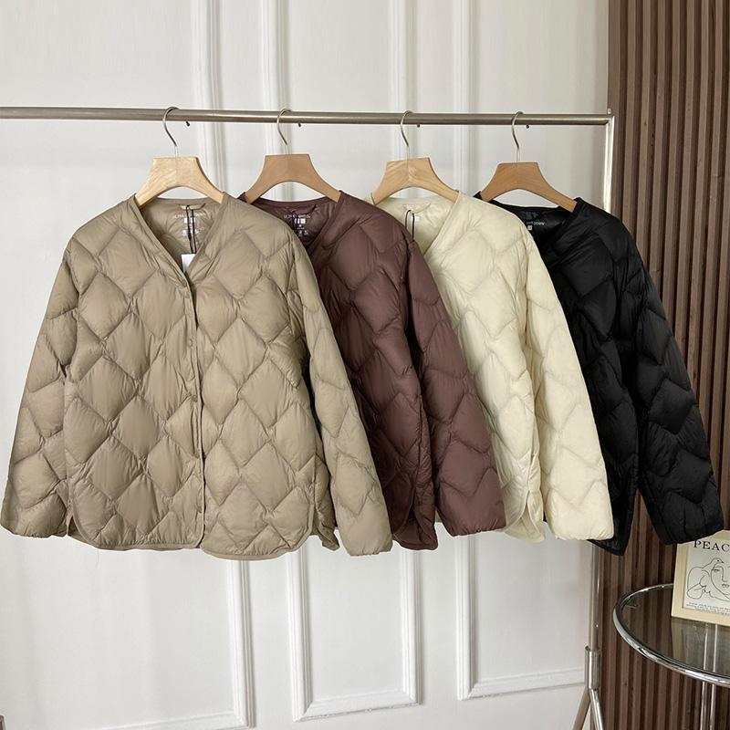 Giacca imbottita morbida senza colletto ultraleggera autunno inverno con scollo a V casual corta da donna casual ampia monopetto in piuma d'anatra