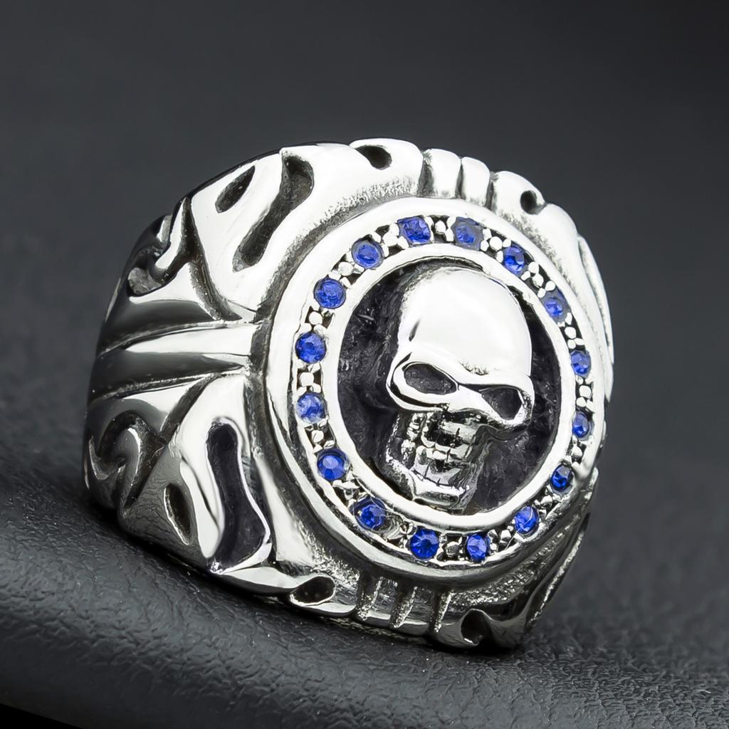 Skull Blue Gemstone Men's Ring Ring European and American Punk Style