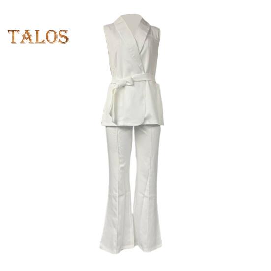 2 ks/sada Ženy kabát Kalhoty Set Výstřih do V Šněrování Tenký pas Střední délka Cardigan Bunda bez rukávů Široká noha Vysoký pas Rovné kalhoty Lady Formální