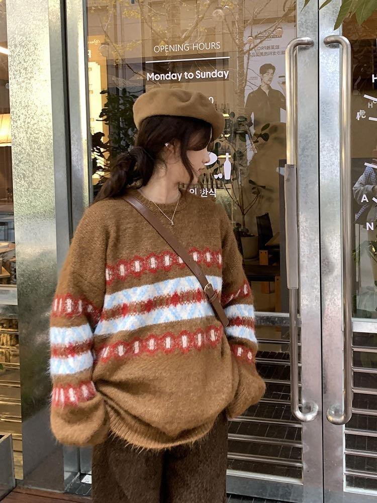 

Дизайнерский пуловер с круглым вырезом, свободный, мягкий, восковой, женский новый осенне-зимний жаккардовый вязаный свитер для женщин One size