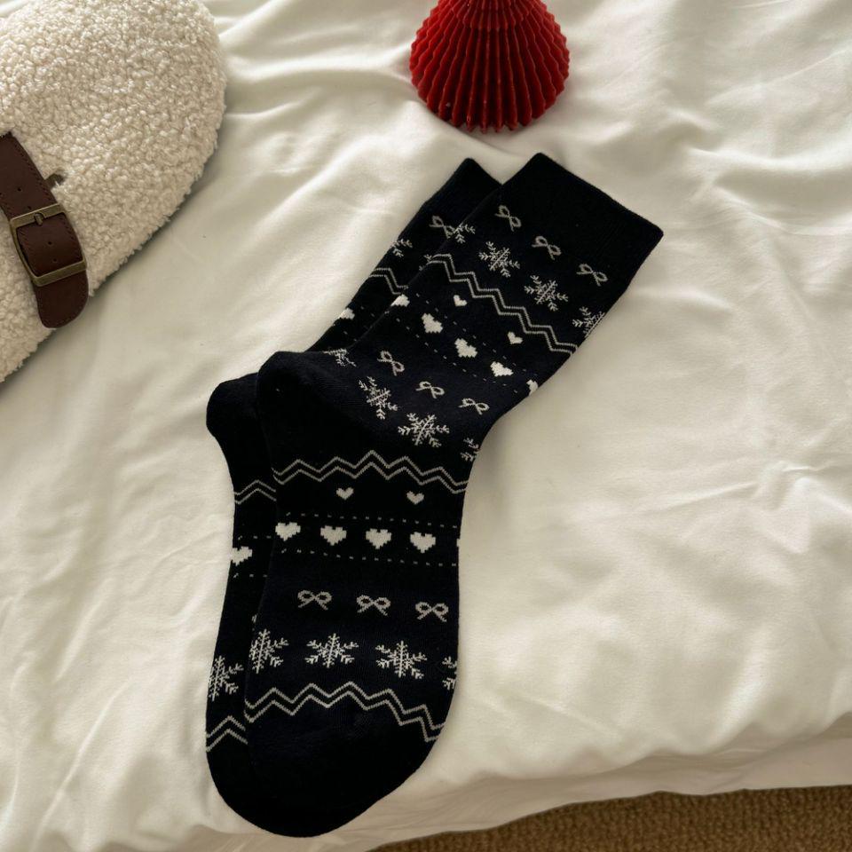 Damen Fair Isle Schneeflocken Mid-Calf Socken - Retro Ethno Stil, Herbst/Winter Baumwoll-Krempelsocken