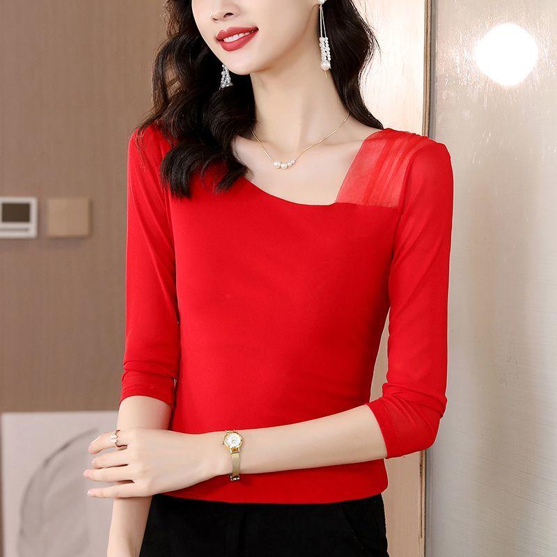 

Элегантная Модная Повседневная Осень Зима Квадратный Вырез Асимметричные Футболки Облегающие Однотонные Лоскутные Пуловеры Марля Женская Одежда M красный