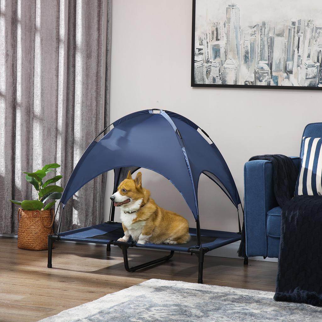 Dog Bed with Canopy, Outdoor Dog Bed, Foldable, Elevated Stand, Blue + Black