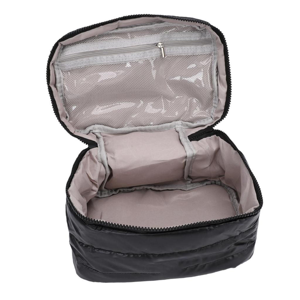 Quilted Makeup Bag Large Capacity Toiletry Organizer with Handle for Women Travel Gym Daily Use Black