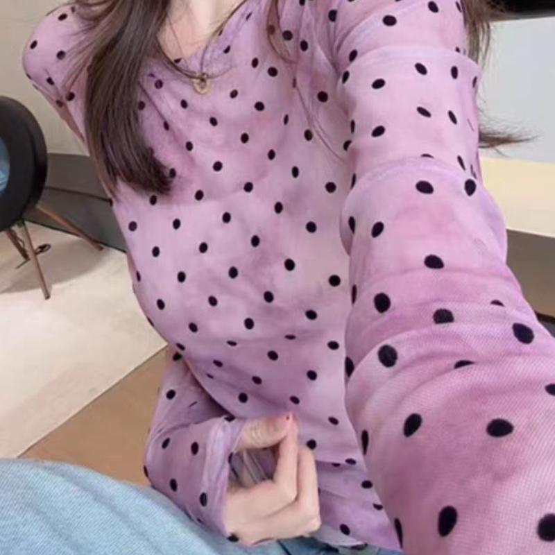 Plus Size Designed Polka Dot Semi-Sheer Mesh Sun Protection T-shirt Women's Summer Thin Loose Outer Cover-up Stylish Top