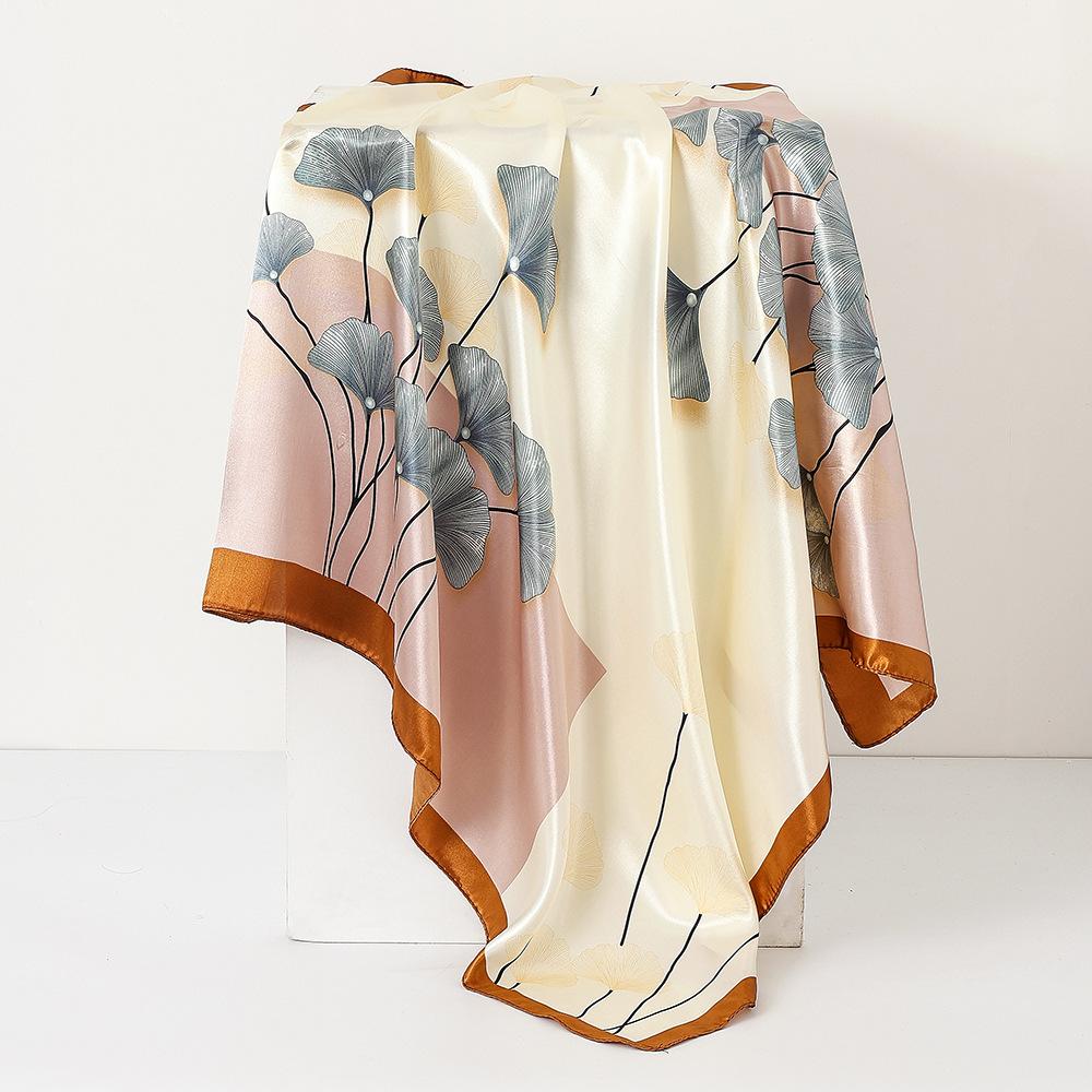 Design Satin Silk Imitation Shawl Hijab Scarf Women Print Ginkgo Leaves Sunscreen Beach Wraps Hijab Female Headkerchief Echarpe