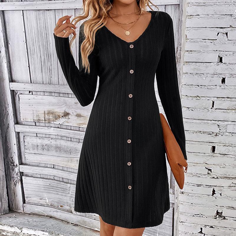 Women's Autumn/winter Button Waist Long Sleeve Sweater Dress