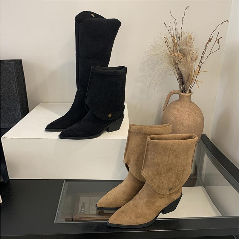 Eilyken Winter Designer Pointed Toe Women Knee High Boots Fashion Square Heels Buckle Fold Short Shoes Botas