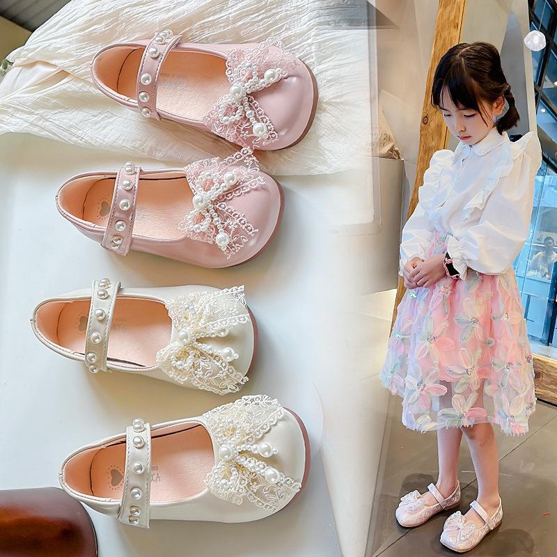Girls Leather Shoes Mesh Lace Bows Kids Princess Shoes Round Toes Non-slip 2025 New Girls Flat Shoes Sweet Ins Trendy Soft Sole