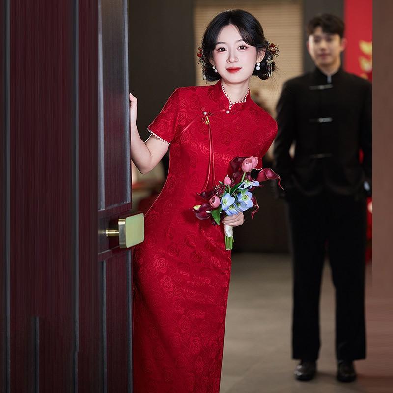 Elegant Red Cheongsam Dress Wedding Banquet Bridesmaid Engagement Return Home Ceremony
