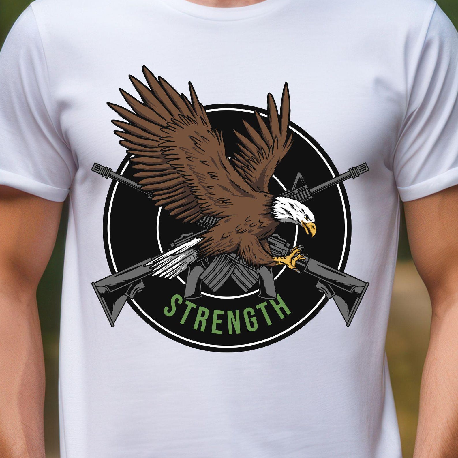 Bald Eagle Strength Tee | Eagle with Crossed Rifles Graphic, 8 colors L
