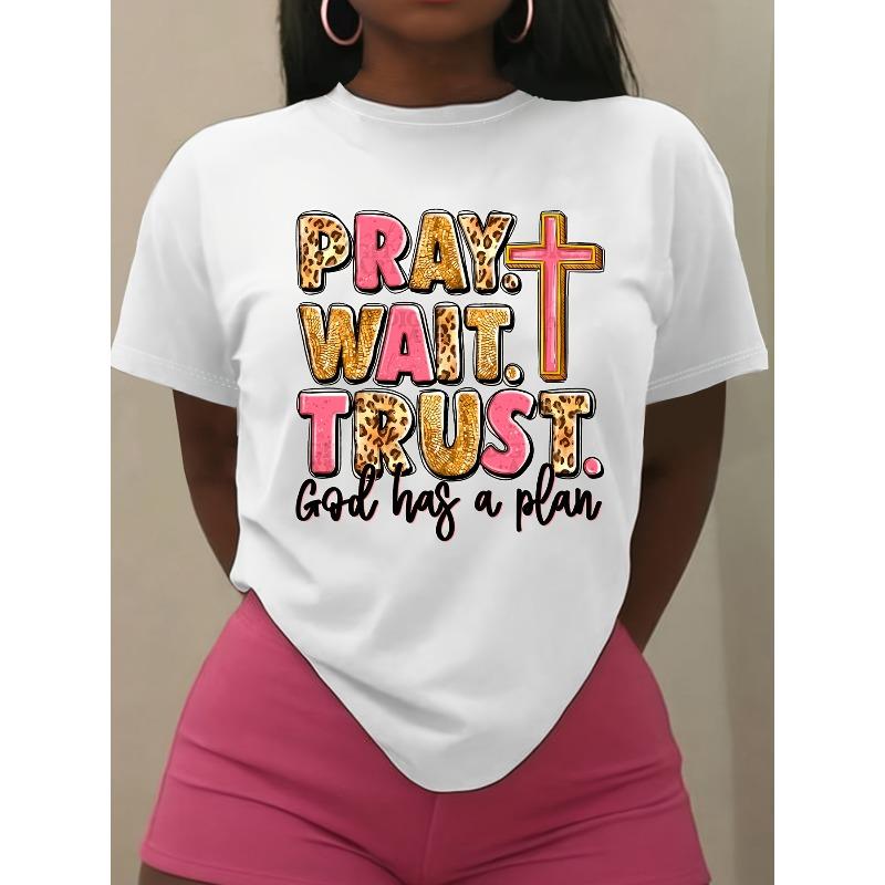 European size Women S  Pray. Wait. Trust. God Has a Plan  Inspirational T-Shirt - Casual Crew Neck, Short Sleeve, Soft Knit S